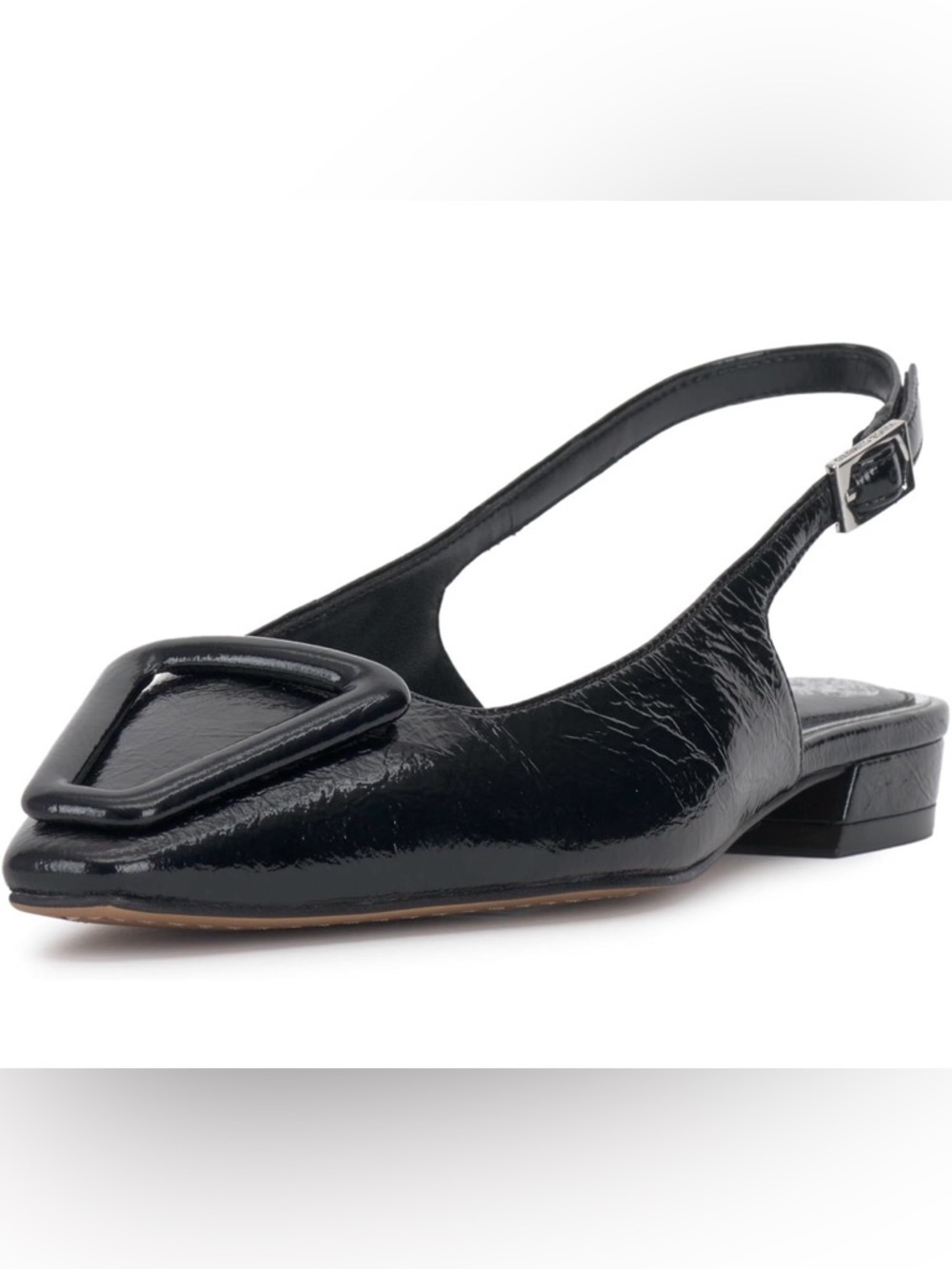 Vince Camuto Savy Black Patent Slingback Flat with Geometric Accent